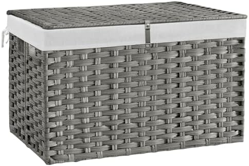 180L Wicker Storage Basket with Lid, Handwoven Rattan Large Shelf Basket with Removable Liner, 47.6 Gallon Wicker Basket for Blanket, Storage Trunk with Handle for Closet, Bedroom, Livingroom, Grey by Hiagnete