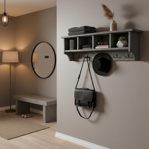 Pomona Solid Wood Entryway Coat Rack with Cubbies, Slate Grey, 48 Inch - Image 2
