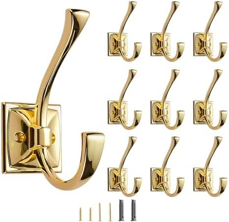 10 Pack Decorative Heavy Duty Towel Hooks for Hanging Robe Double Polished Brass Coat Hooks Wall Mounted with Screws for Key, Towel, Bags, Cup, Hat by CABDM