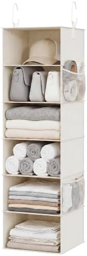 StorageWorks 6-Shelf Hanging Closet Organizer, Hanging Shelves for Closet, Fabric, Mixing of Beige, White & Ivory, 12" D x 12" W x 47 1⁄2" H by StorageWorks