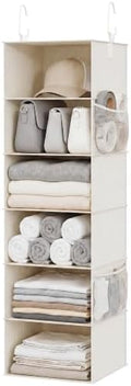 StorageWorks 6-Shelf Hanging Closet Organizer, Hanging Shelves for Closet, Fabric, Mixing of Beige, White & Ivory, 12" D x 12" W x 47 1⁄2" H by StorageWorks