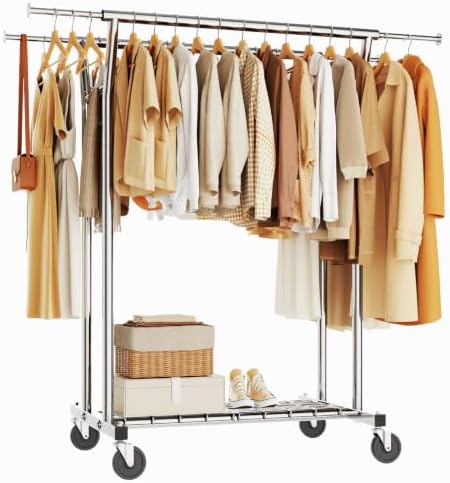 HYSEYY Heavy Duty Clothes Rack, Rolling Clothing Rack for Hanging Clothes with Shelves Load 700LBS,Portable Garment Wardrobe Closet Rack with Wheels for Bedroom,Laundry Room,Retail Store,Silver by HYSEYY