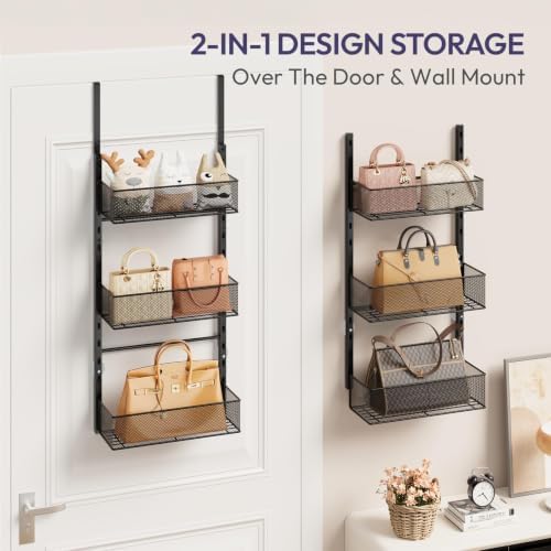 SWTYMIKI Over The Door Purse Organizer - Wall Mounted Purse Rack with 6 Adjustable Metal Basket, Hanging Bag Rack for Handbag Organizer, Bag Storage Can Use As 1/2 Part, for Door - Image 6