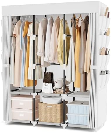 Portable Closet with Cover, 3 Hanging Rods and Side Pocket, Sturdy Free Standing Closet, White by BRFOYU