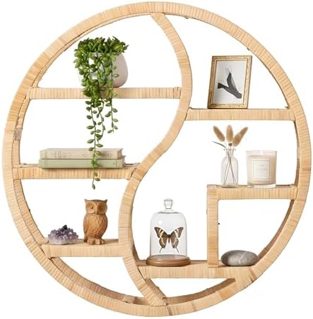 Vintiquewise Round Bamboo Wall Shelf with 3-Tier Wooden Display Sections – Boho Circle Hanging Shelf for Living Room, Bedroom, Entryway & Home Decor, Plants & Collectibles by Vintiquewise