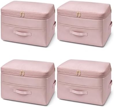 Ultra Space Saving Self Compression Organizers, 4 Pack Double Zipper Compression Packing Cubes for Bedding, Comforter Storage Bag for Blankets Duvet Quilts Pillows Queen King (Pink, X-Large) by Unknown