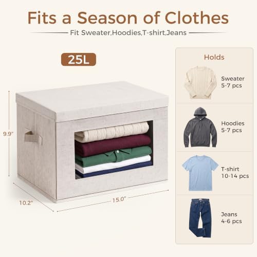 4-Pack 15" Fabric Storage Bins with Lids, Closet Organizers and Storage Boxes with Clear Window, Foldable Clothes Baskets for Blankets, Beige - Image 2