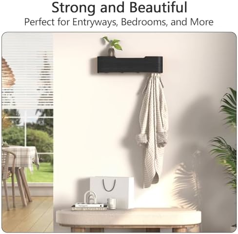 Coat Rack Wall Mount with Shelf 4 Hidden Hooks Modern Wooden Key Holder Entryway Organizer for Hallway Bedroom Bathroom Home Decor Storage for Hanging Coats Hats Bags Towels, Black - Image 5