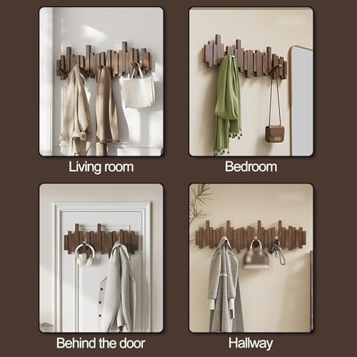 Wooden Coat Hooks Wood Wall Mounted Piano Coat Rack Flip Down Hook Rack Coat Rack Wall MountMulti Functional Space Saving Wall Organizer(Walnut,22.8cm/9") - Image 7
