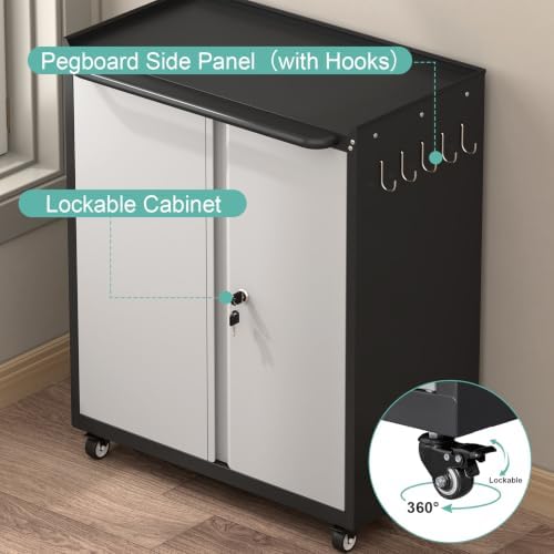 GREATMEET Garage Storage Cabinet with Wheels, Lockable Metal Storage Cabinet, Rolling Tool Cabinet with Adjustable Shelf, Push Handle for Shop, Home, Office, Black/Grey - Image 5