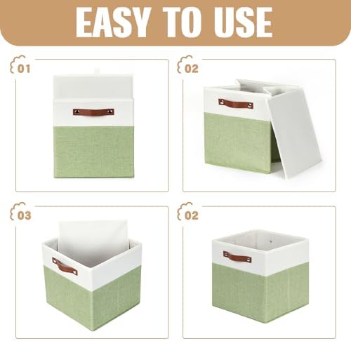DULLEMELO Fabric Storage Cubes, 12x12 Storage Cube Bins for Organizing, Foldable Storage Baskets Square Cloth Bins for Cube Storage, Cube Organizer for Storage,White&Green - Image 2