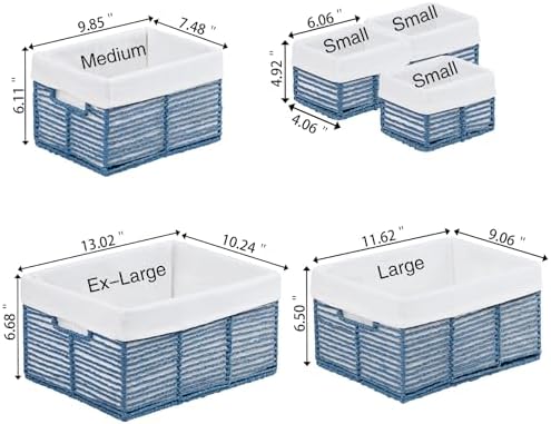 Vagusicc Wicker Storage Basket, 6 Pack Baskets for Organizing, Wicker Baskets with Handle, Rectangular Woven Basket for Storage Shelves, Cube Storage Bins for Closet/Clothes/Dresser, Blue - Image 2