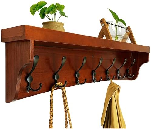 WEBI Wall Shelf with Hooks Underneath,35" Long Coat Rack Wall Mount with Shelf,Entryway Coat Rack with 7 Triple Hooks for Hanging Coats,Jacket,Bathroom,Cherry by WEBI