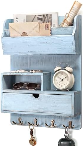 Rebee Vision Pine Wood Key Holder Wall Mount with Shelf & Drawer, Blue by REBEEVISION