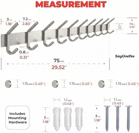 Coat Rack Wall Mount – Brushed Nickel 30 Inch Stainless Steel Hook Rail with 10 Heavy Duty Double Coat Hooks – Wall Mounted Coat Hanger for Entryway, Bathroom, Bedroom, Towel, Hat Organizer - Image 2