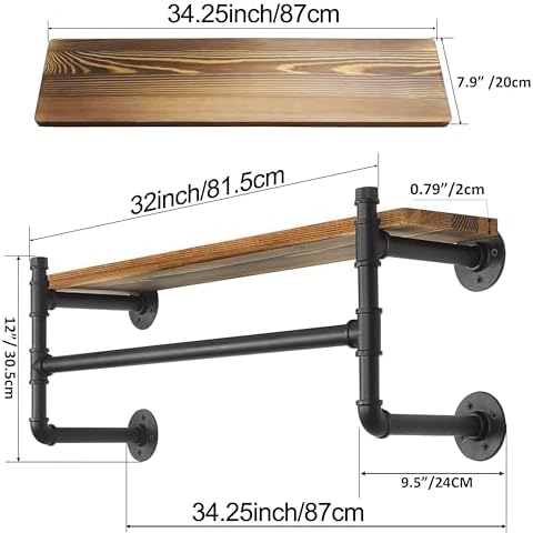 WEBI Wall Mounted Clothes Rack with Shelf,32" Industrial Pipe Clothing Rack with Shelves,Heavy Duty Iron Garment Rack Bar,Retail Display Clothes Rod for Clothes,Laundry Room,Black - Image 3