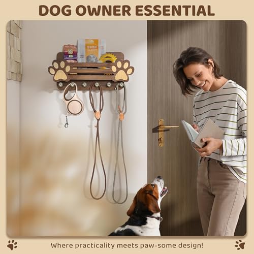 MTERSN Farmhouse Dog Leash Holder for Wall with Shelf for Pet Owner, Brown - Image 3