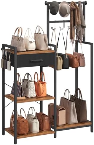 MAHANCRIS 3-Tier Tall Purse Organizer Rack with 11 Hooks & Pull-Out Drawer by MAHANCRIS