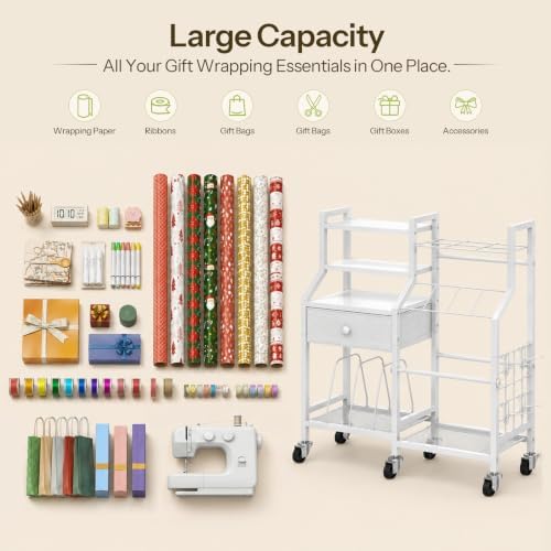 HOOBRO Wrapping Paper Storage Cart, Rolling Gift Wrap Station with Drawer - Image 5