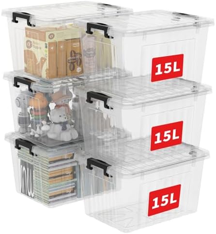 Cetomo 18Qt*6 Plastic Storage Bins, Storage Box, 6 Pack, Organizing Container with Durable Lids and Secure Latching Buckles, Stackable and Nestable, Clear with Black Buckle by Cetomo