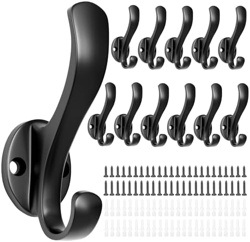 Coat Hooks Heavy Duty - Durable wall Mounted Hooks Aluminum Alloy Towel Hooks for Hanging Towel, Key, Robe, Scarf, Entryway Cubicle Closet Mudroom Bathroom Garage (12 Pack-Black) by Unknown