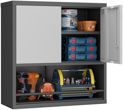 GREATMEET 31" H Metal Garage Storage Cabinets with Doors and Shelves, Lockable Storage Cabinet with Lock, Hanging Cabinets for Wall, Wall Mount Cabinet for Utility Room, Black&Grey by GREATMEET