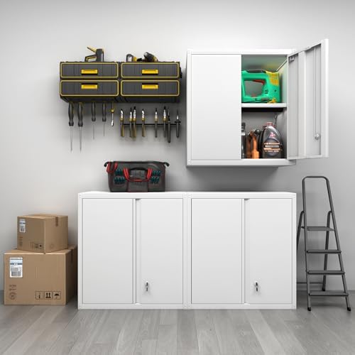 GREATMEET Metal Wall Cabinet, Wall Mounted Storage Cabinet with Lock for Garage Storage, White Floating Cabinet with Doors and Adjustable Shelf for Utility Room - Image 5