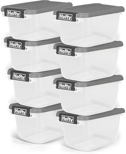 Hefty 6.5 Qt Flat-Lid Storage Bin with Lid, Stackable Plastic Storage Container, Organizer for Home, Office & Classroom, 8 Pack, Gray by Hefty