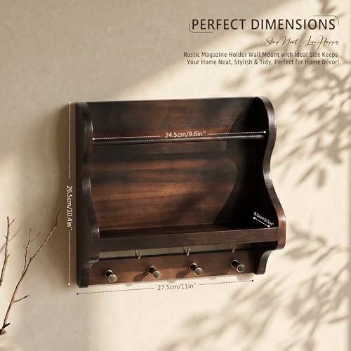 Acacia Wood Mail Organizer Wall Mount with 7 key Hooks Entryway, Dark Brown - Image 2