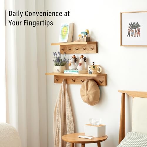 Wall Hooks with Shelf Oak Wood Coat Rack Shelf Wall Mounted, Entryway Shelves with 6 Metal Hangers for Clothes Hats Towel for Bathroom, Bedroom, Living Room (Natural, 27.5 inches) - Image 4