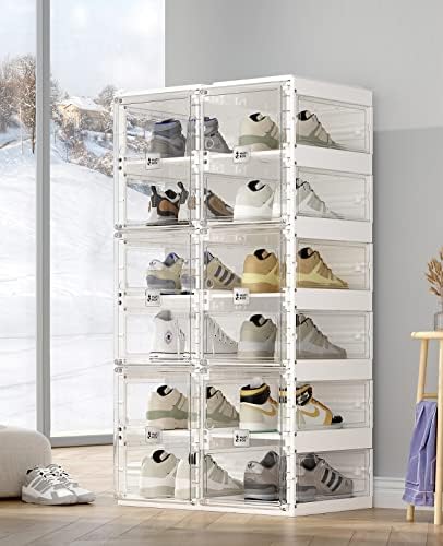 ANTBOX Foldable Shoe Rack,Shoe Organizers for Closet Plastic Shoe Storage Box Space Saving for Entryway, Large Sturdy Stackable Sneaker Cabinet Bins with Magnetic Clear Door 6 Tiers 12 Pairs - Image 5