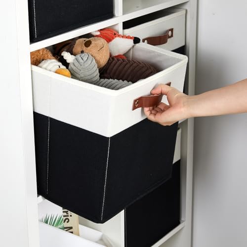 DULLEMELO Fabric Storage Bins for Shelves, Cube Storage Organizer Bins with PU Handles, Set of 4 Decorative Collapsible Storage Bins for Cube Storage,White&Black - Image 3