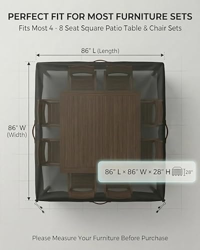 Outdoor Patio Furniture Cover Square, Heavy Duty 600D Waterproof Cover for Table & Chair Set or Sofa Set Covers, Windproof,UV Resistant, All-Season for Backyard,Deck,Garden,86" L x 86" W x 28" H,Black - Image 4