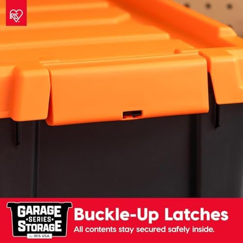 IRIS USA 4 Pack 12 Gallon Lockable Storage Bins, Heavy Duty Stackable Containers with Lids for Garage Organization or Moving, Black/Orange - Image 5