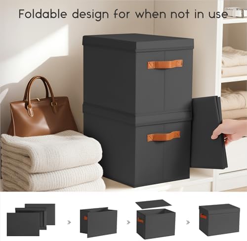 Homsorout Storage Bins with Lids - Large Fabric Closet Bins with Lid, 5 Pack Clothes Organizers and Storage, Collapsible Stackable Cube Basket for Home, Office, Dorm, Black - Image 3