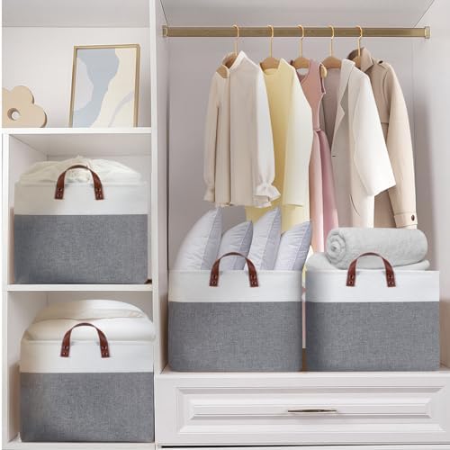 DULLEMELO Extra Large Storage Baskets for Organizing 22"x15"x13" Foldable Fabric Storage Baskets Organizer Bins with Handles Large Storage Basket for Shelves Closet Toys Books (White&Grey) - Image 6