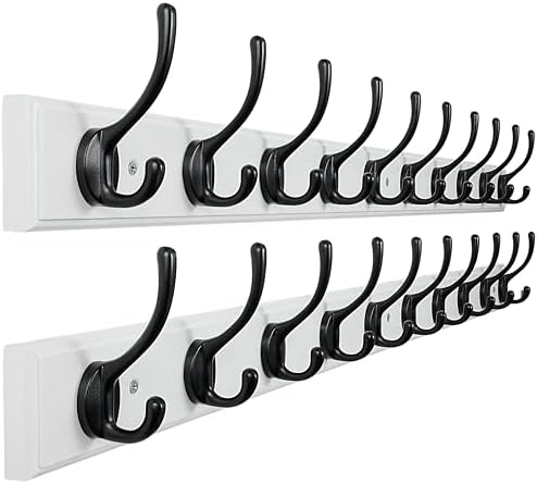 Dseap Coat Rack Wall Mounted: 10-Hooks, 38-1/4" Long, 16" Hole to Hole, Wood Coat Hooks Wall Mounted, Hook Rack, Hook Rail, Hooks for Hanging Coats, White & Black, Pack of 2 by Dseap