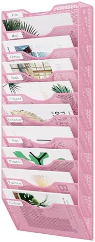 EasyPAG 10 Pocket Mesh Wall File Organizer, Hanging Paper Folder Holder with Classify Label, Vertical Wall Mount Mail Organizer for Office Home Classroom, Pink by EasyPAG