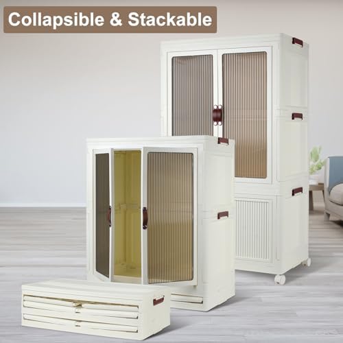 FozsKeylf Stackable Closet Storage Bins, Collapsible Clothes Organizers, Portable Wardrobe Closet with Lids and Doors, Movable Clothes Storage with Coat Hangers, White - Image 4