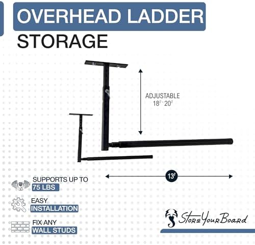 StoreYourBoard Adjustable Overhead Ladder Rack – Garage Organizer Ladder Shelf for Step & Extension Ladders - Storage Racks and Shelving for Garage Organization - Ceiling Mounted - Holds 75 lbs - Image 3