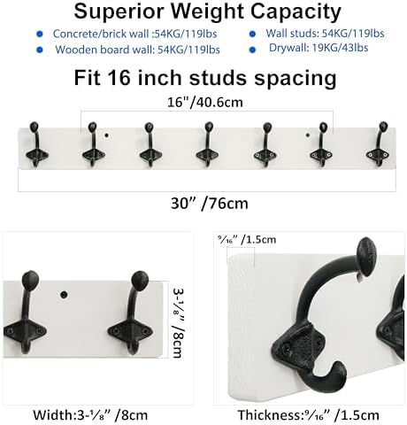 WEBI Rustic Coat Rack Wall Mount,30" Long 7 Cast Iron Coat Hooks Wall Mounted,Heavy Duty Farmhouse Wood Coat Hanger Wall Vintage Hooks for Hanging Jacket,Clothes,Backpack,Black on White,2 Packs - Image 3