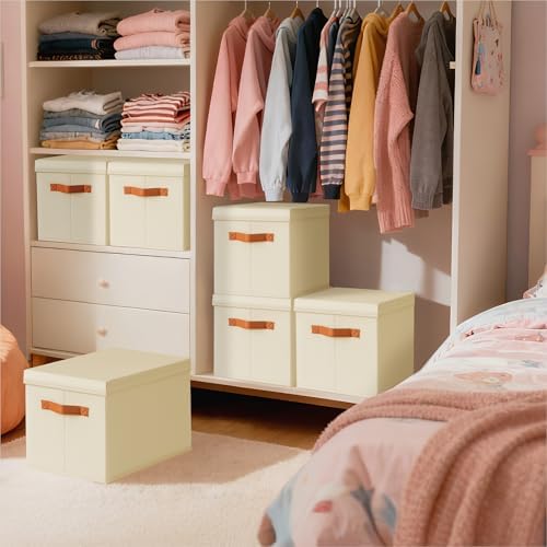 Homsorout Storage Bins with Lids - Large Fabric Closet Bins with Lid, 6 Pack Clothes Organizers and Storage, Collapsible Stackable Cube Basket for Home, Office, Dorm, Beige - Image 5