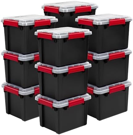 Sterilite 12 Pack 5 Gallon Gasket Box, Stackable Plastic Storage Container with Lids, Black - Waterproof and Dustproof Tote for Home Organization by Sterilite