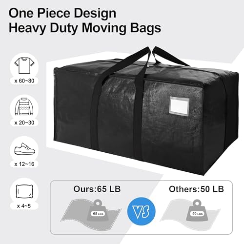 VELVETSURE 12 Pack Heavy Duty Extra Large Moving Bags W/Backpack Straps - Strong Handles & Zippers, Storage Totes For Space Saving, Fold Flat, Alternative to Moving Box and Storage Bin, Black - Image 5