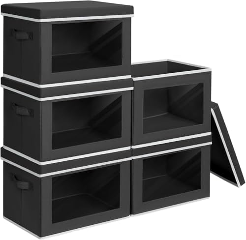 Homsorout Stackable Storage Bins with Lids - Large Decorative Basket with Lids, Fabric Foldable Closet Organizer Bins, Shelf Organizer for Living Room, Dorm, 5 Pack, Black by Homsorout