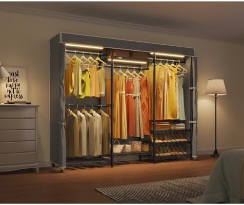 VIPEK V5LC Garment Rack Heavy Duty Covered with Dimmable LED Lights, 3000K Warm White, Portable Closet Wardrobe Freestanding for Hanging Clothes, Black with Grey Cover - Image 2