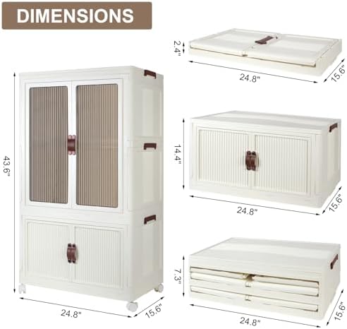 FozsKeylf Stackable Closet Storage Bins, Collapsible Clothes Organizers, Portable Wardrobe Closet with Lids and Doors, Movable Clothes Storage with Coat Hangers, White - Image 3
