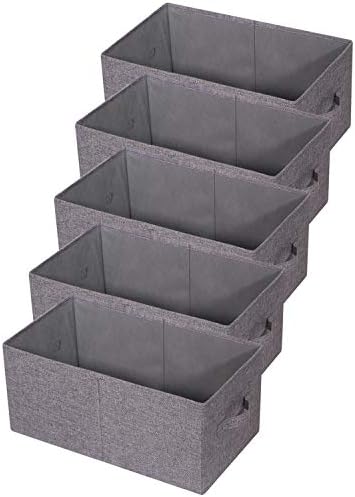 TENABORT Set of 5 Closet Organizer Bins with Handle, Fabric Foldable Storage Baskets Cloth Box Containers for Shelves Home Office Clothes Clothing, Gray, Jumbo by TENABORT