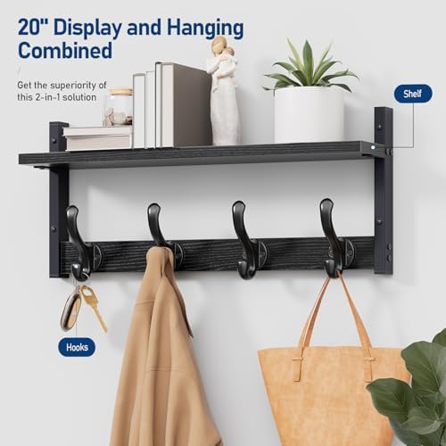 Tatub 20" Rustic Coat Rack Wall Mount with Shelf, Wall Hooks with Shelf, Heavy Duty Entryway Organizer Hangers for Hanging, Hat, Bag, Jacket for Bathroom, Living Room, Bedroom, Black - Image 2