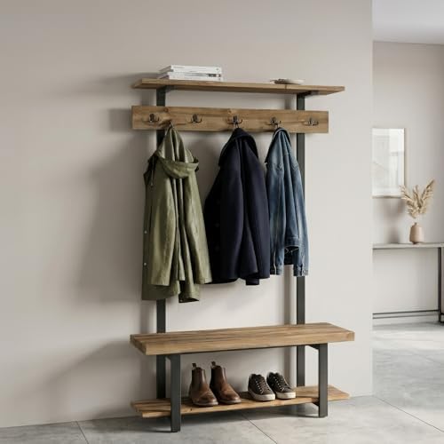 Pomona Solid Wood Entryway Hall Tree with Shoe Bench, Rustic Brown, 48 Inch - Image 2